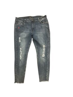 SUKO SZ 14 blue distressed stretch skinny embroidered sorry/not sorry jeans